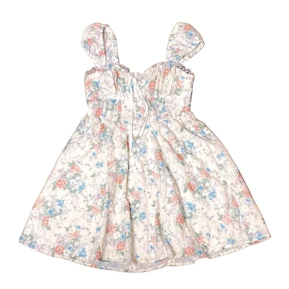 🎀 Blue & Pink Floral Babydoll Dress w/ White Floral Embroidery Overlay 🎀 NWT - Picture 11 of 11